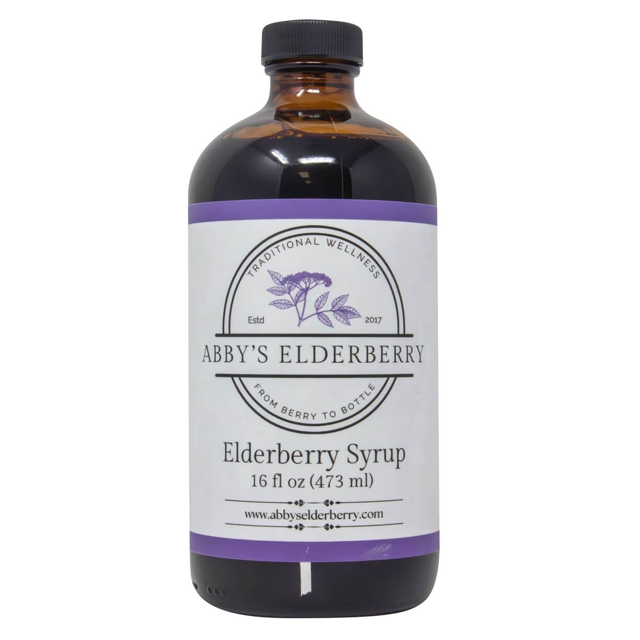 A bottle of Abby's Elderberry small-batch syrup